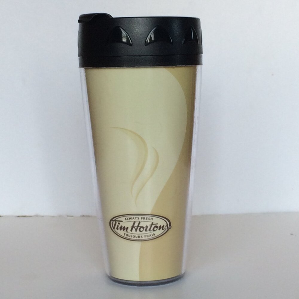 Tim Hortons ThermoServ Plastic Travel Mug Beige Always Fresh Black Lid 14 oz